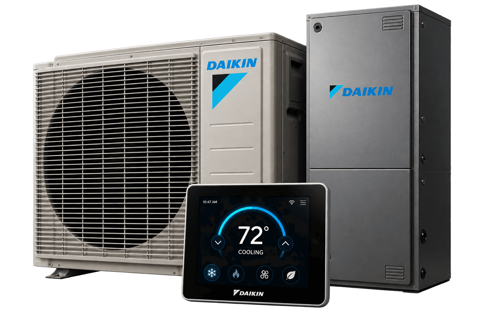Daikin outdoor unit, indoor air handler and Daikin ONE thermostat